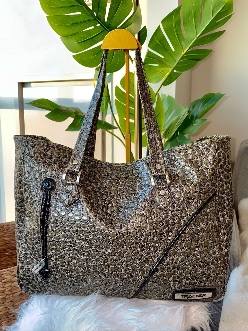 TRACKER Olive Green Croc Embossed Laptop Tote Bag Y2K Shoulder Purse